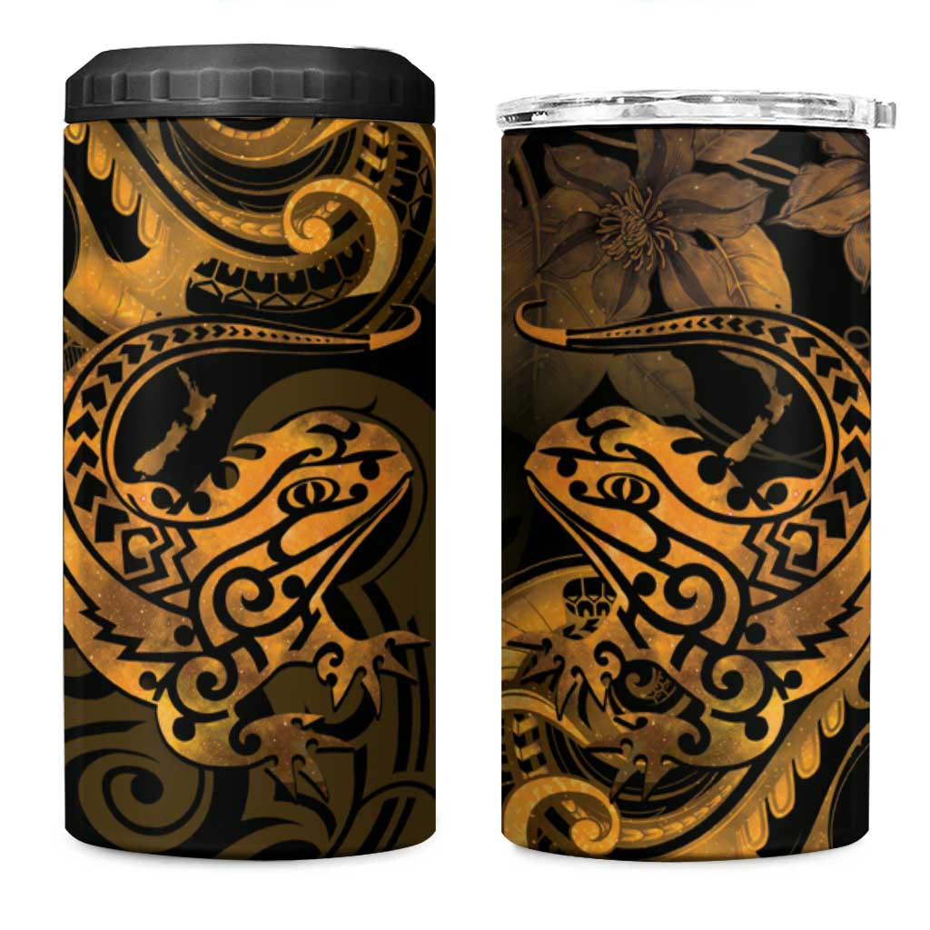 New Zealand Tuatara 4 in 1 Can Cooler Tumbler Aotearoa Maori Clematis Flowers - Gold