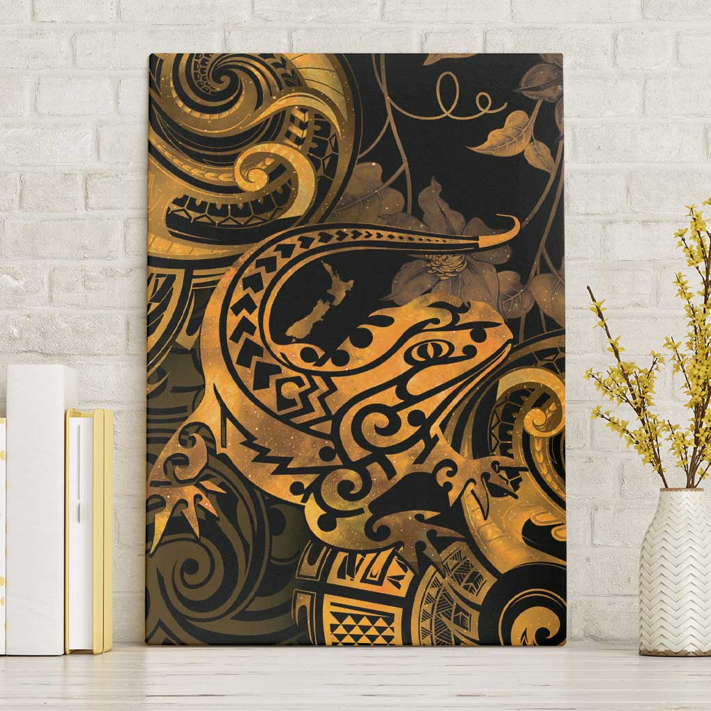 New Zealand Tuatara Canvas Wall Art Aotearoa Maori Clematis Flowers - Gold