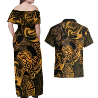 New Zealand Tuatara Couples Matching Off Shoulder Maxi Dress and Hawaiian Shirt Aotearoa Maori Clematis Flowers - Gold LT14 - Polynesian Pride