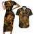 New Zealand Tuatara Couples Matching Short Sleeve Bodycon Dress and Hawaiian Shirt Aotearoa Maori Clematis Flowers - Gold