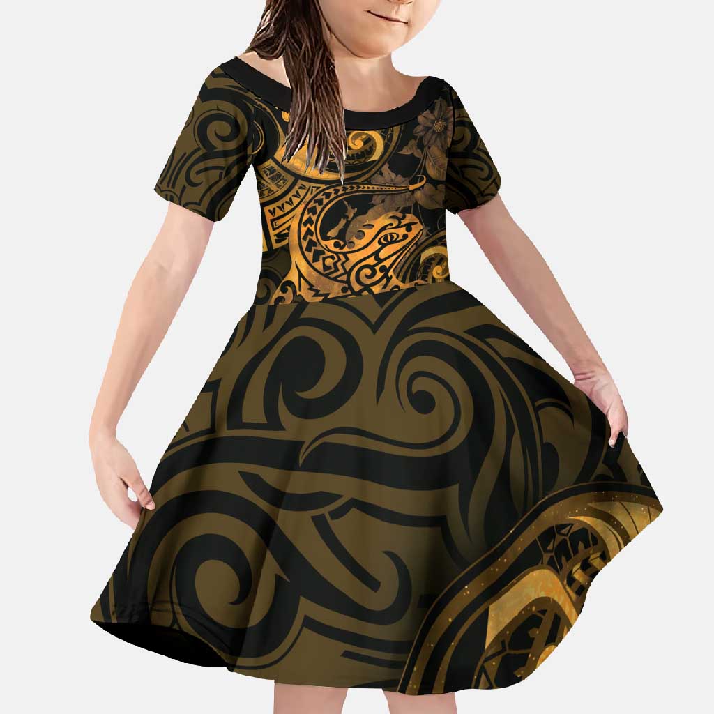 New Zealand Tuatara Family Matching Off Shoulder Maxi Dress and Hawaiian Shirt Aotearoa Maori Clematis Flowers - Gold LT14 Daughter's Dress Gold - Polynesian Pride