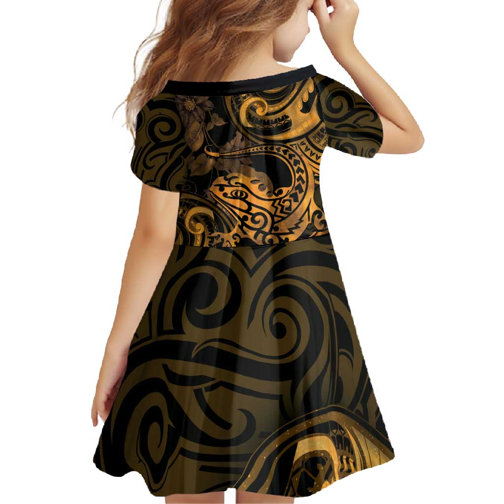 New Zealand Tuatara Family Matching Off Shoulder Maxi Dress and Hawaiian Shirt Aotearoa Maori Clematis Flowers - Gold LT14 - Polynesian Pride