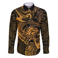 New Zealand Tuatara Family Matching Off Shoulder Maxi Dress and Hawaiian Shirt Aotearoa Maori Clematis Flowers - Gold LT14 Dad's Shirt - Long Sleeve Gold - Polynesian Pride