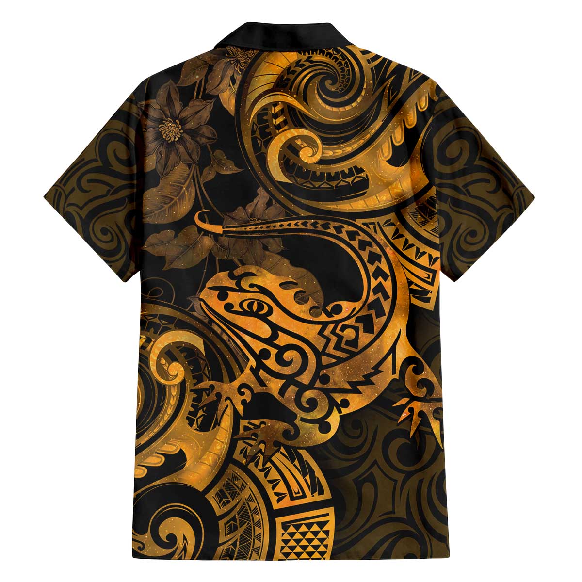 New Zealand Tuatara Family Matching Off Shoulder Short Dress and Hawaiian Shirt Aotearoa Maori Clematis Flowers - Gold
