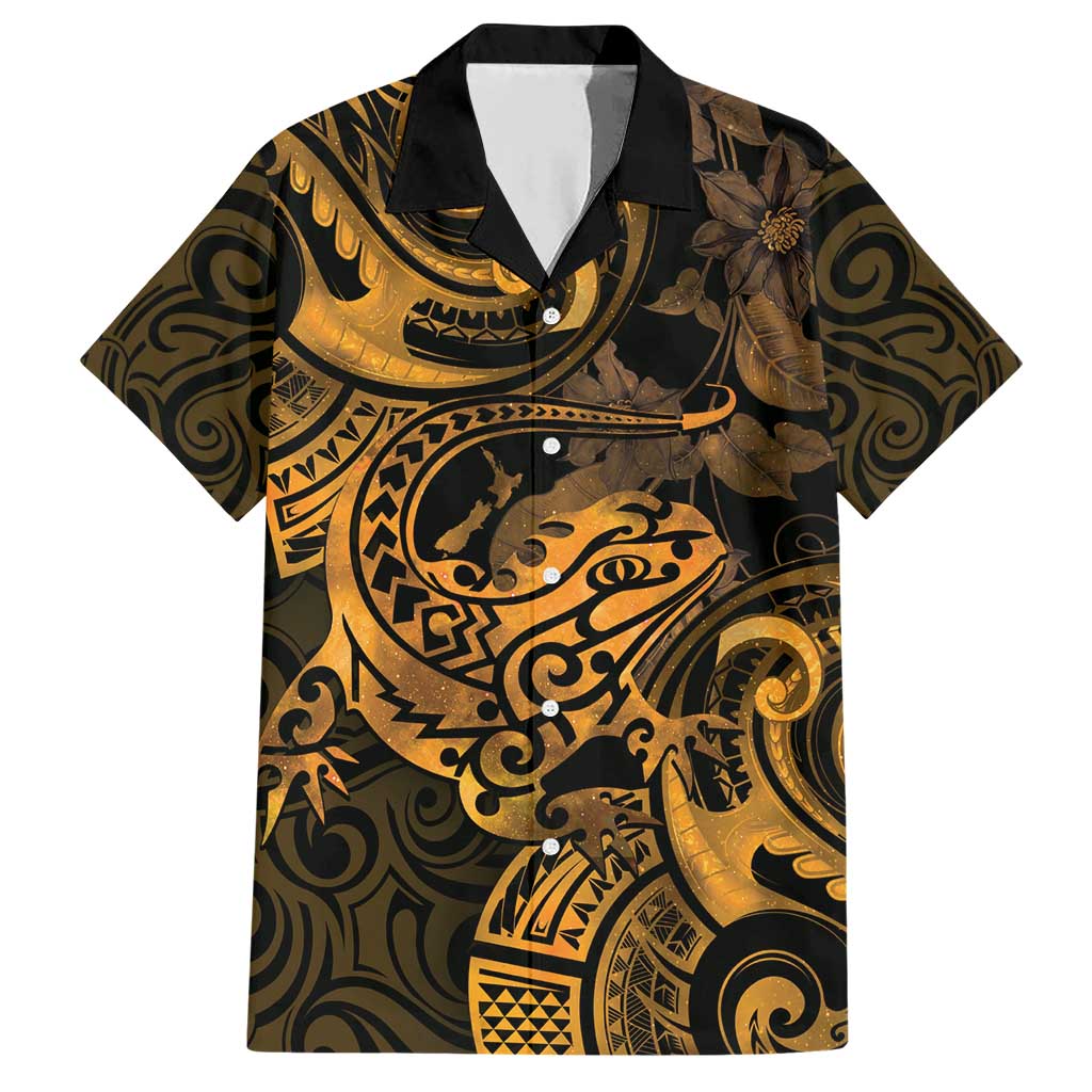 New Zealand Tuatara Family Matching Short Sleeve Bodycon Dress and Hawaiian Shirt Aotearoa Maori Clematis Flowers - Gold LT14 Dad's Shirt - Short Sleeve Gold - Polynesian Pride