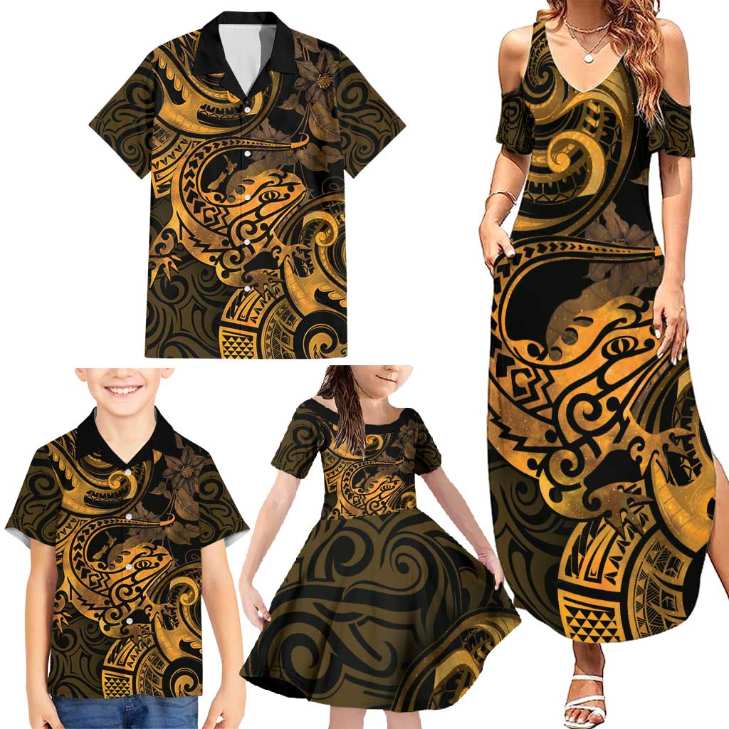 New Zealand Tuatara Family Matching Summer Maxi Dress and Hawaiian Shirt Aotearoa Maori Clematis Flowers - Gold LT14 - Polynesian Pride