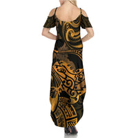 New Zealand Tuatara Family Matching Summer Maxi Dress and Hawaiian Shirt Aotearoa Maori Clematis Flowers - Gold LT14 - Polynesian Pride