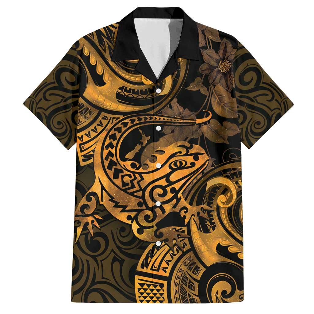 New Zealand Tuatara Family Matching Tank Maxi Dress and Hawaiian Shirt Aotearoa Maori Clematis Flowers - Gold LT14 Dad's Shirt - Short Sleeve Gold - Polynesian Pride