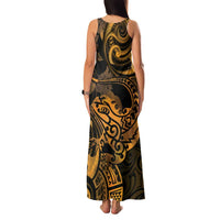 New Zealand Tuatara Family Matching Tank Maxi Dress and Hawaiian Shirt Aotearoa Maori Clematis Flowers - Gold LT14 - Polynesian Pride