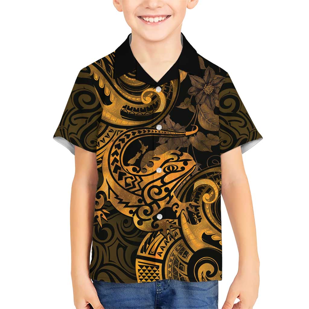 New Zealand Tuatara Hawaiian Shirt Aotearoa Maori Clematis Flowers - Gold LT14 - Polynesian Pride