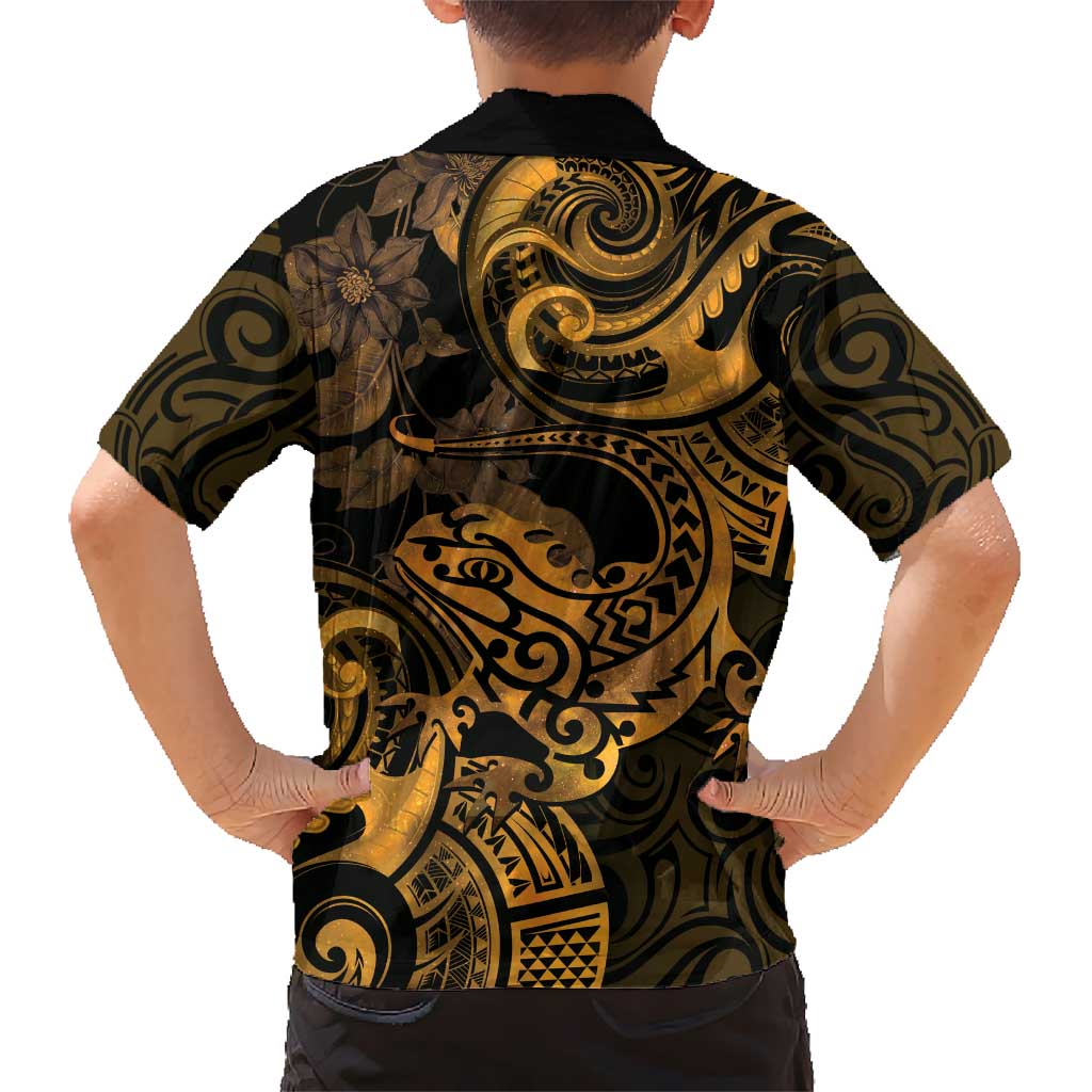 New Zealand Tuatara Hawaiian Shirt Aotearoa Maori Clematis Flowers - Gold LT14 - Polynesian Pride
