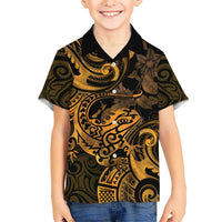 New Zealand Tuatara Kid Hawaiian Shirt Aotearoa Maori Clematis Flowers - Gold LT14 Kid Gold - Polynesian Pride