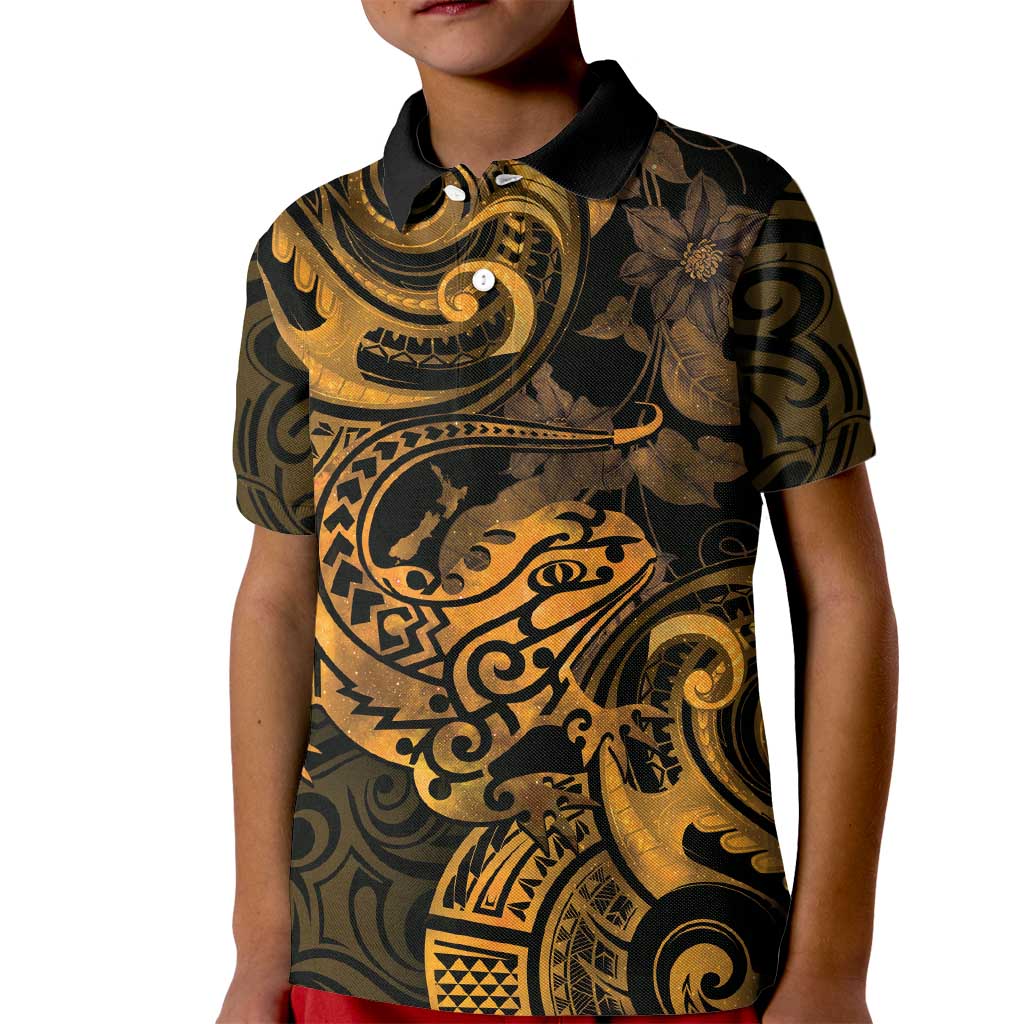 New Zealand Tuatara Kid Polo Shirt Aotearoa Maori Clematis Flowers - Gold LT14 Kid Gold - Polynesian Pride