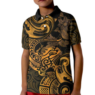 New Zealand Tuatara Kid Polo Shirt Aotearoa Maori Clematis Flowers - Gold LT14 - Kid / Toddler 2T / Gold