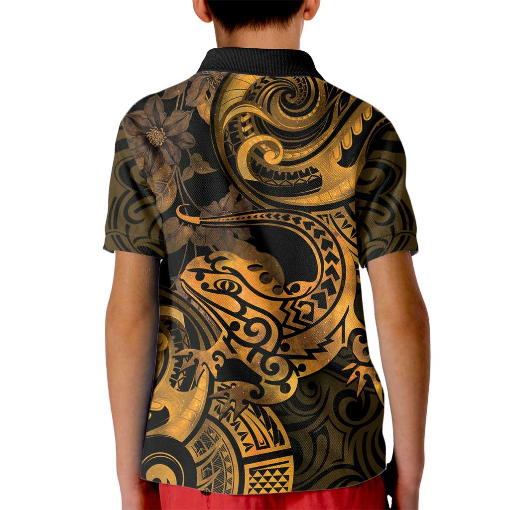 New Zealand Tuatara Kid Polo Shirt Aotearoa Maori Clematis Flowers - Gold LT14 - Polynesian Pride