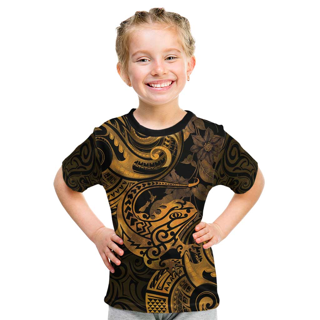 New Zealand Tuatara Kid T Shirt Aotearoa Maori Clematis Flowers - Gold LT14 Gold - Polynesian Pride
