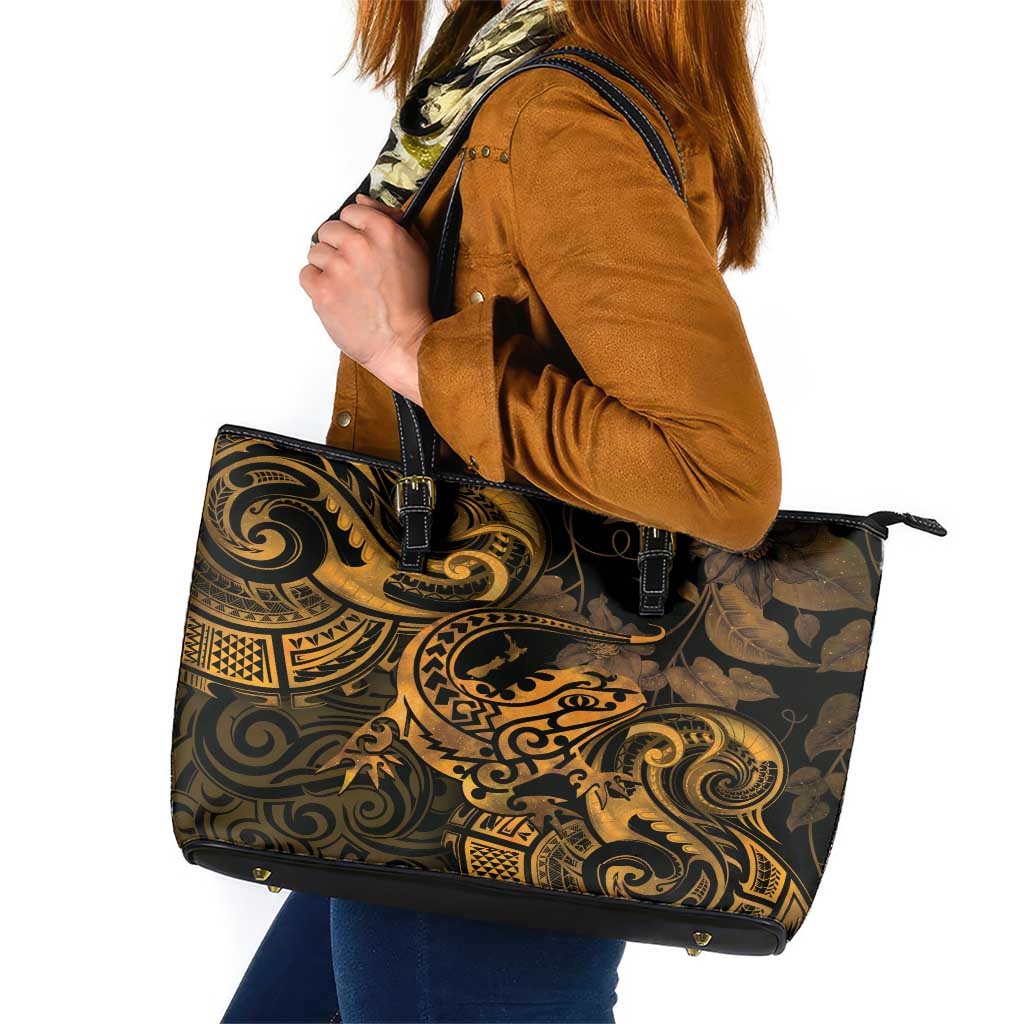 New Zealand Tuatara Leather Tote Bag Aotearoa Maori Clematis Flowers - Gold LT14 Gold - Polynesian Pride