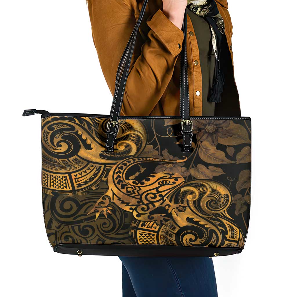 New Zealand Tuatara Leather Tote Bag Aotearoa Maori Clematis Flowers - Gold LT14 - Polynesian Pride