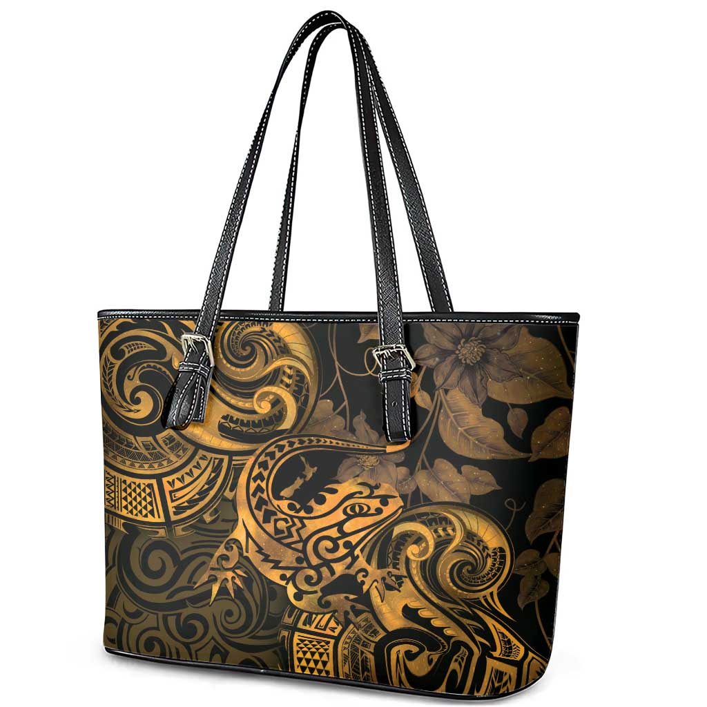 New Zealand Tuatara Leather Tote Bag Aotearoa Maori Clematis Flowers - Gold LT14 - Polynesian Pride