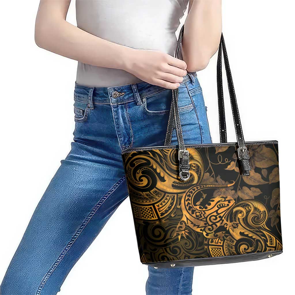 New Zealand Tuatara Leather Tote Bag Aotearoa Maori Clematis Flowers - Gold LT14 - Polynesian Pride
