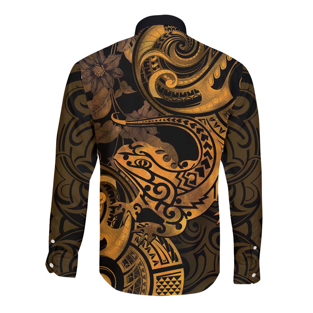 New Zealand Tuatara Long Sleeve Button Shirt Aotearoa Maori Clematis Flowers - Gold LT14 - Polynesian Pride