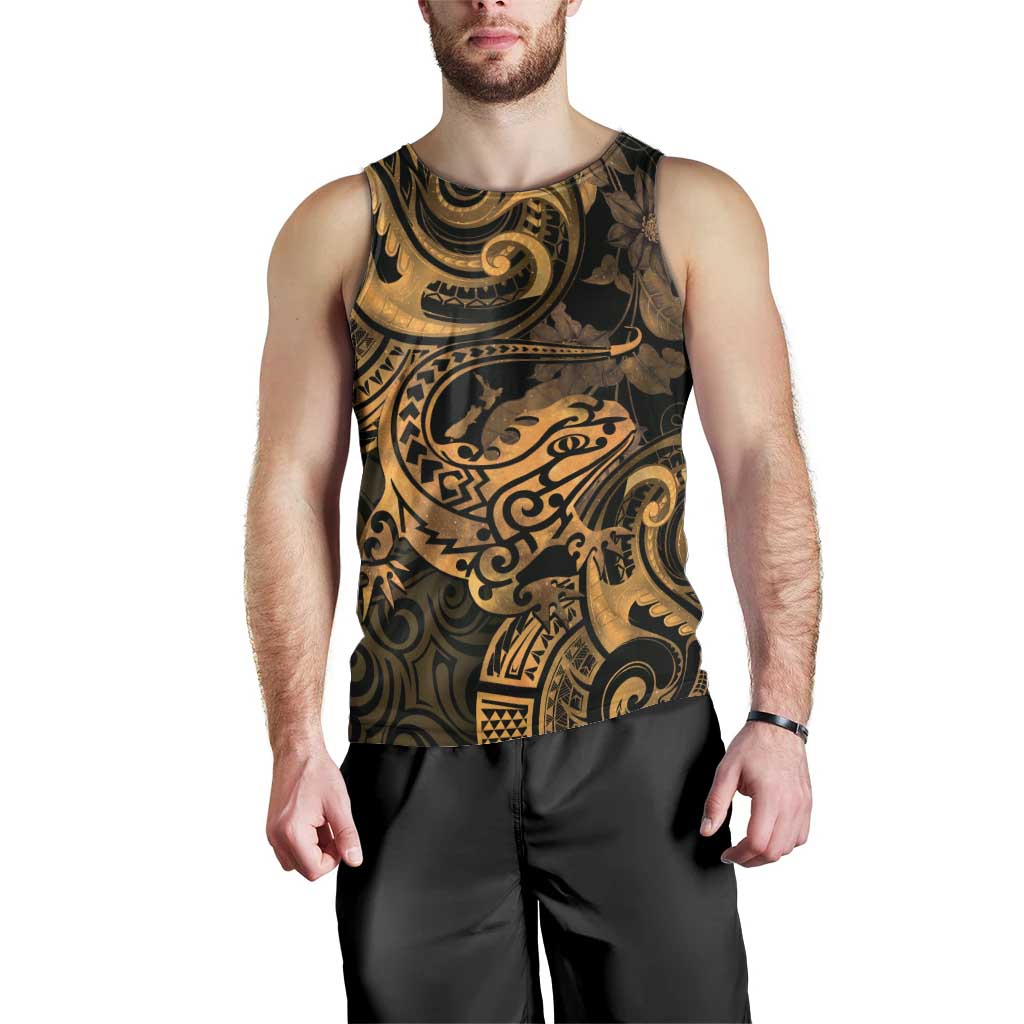 New Zealand Tuatara Men Tank Top Aotearoa Maori Clematis Flowers - Gold