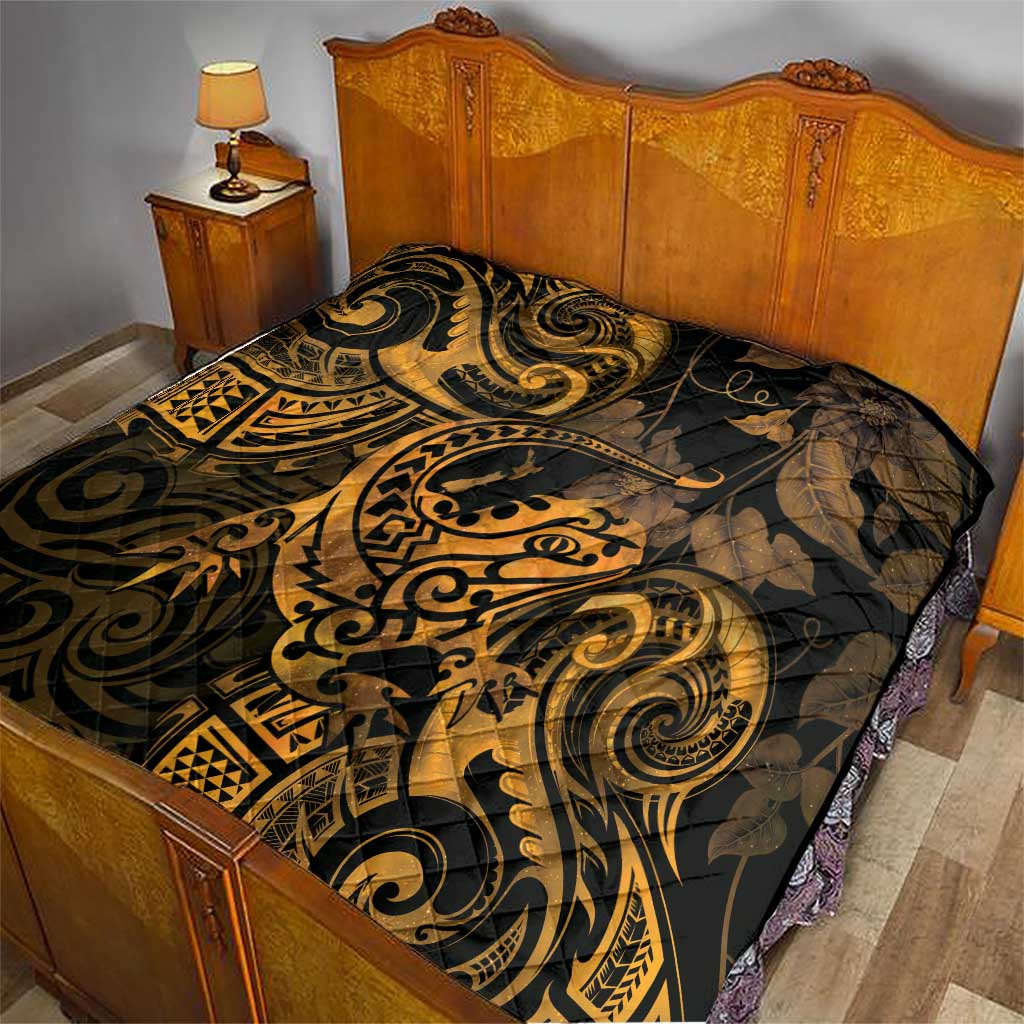 New Zealand Tuatara Quilt Aotearoa Maori Clematis Flowers - Gold LT14 - Polynesian Pride