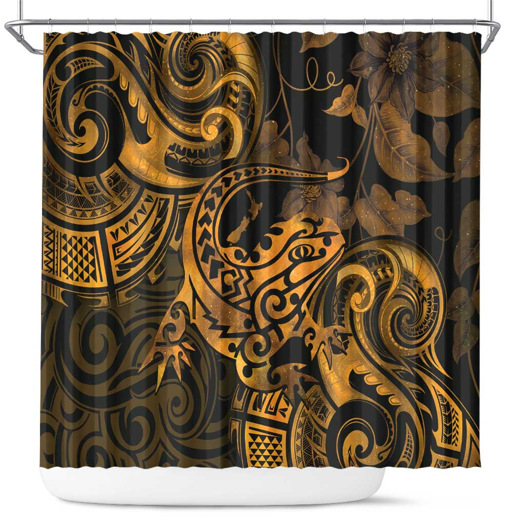New Zealand Tuatara Shower Curtain Aotearoa Maori Clematis Flowers - Gold LT14 Gold - Polynesian Pride
