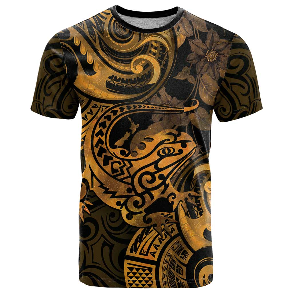 New Zealand Tuatara T Shirt Aotearoa Maori Clematis Flowers - Gold LT14 Gold - Polynesian Pride
