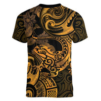 New Zealand Tuatara Women V-Neck T-Shirt Aotearoa Maori Clematis Flowers - Gold LT14 - Polynesian Pride