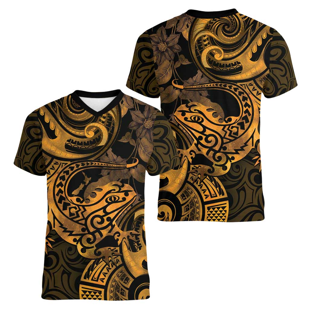 New Zealand Tuatara Women V-Neck T-Shirt Aotearoa Maori Clematis Flowers - Gold LT14 - Polynesian Pride