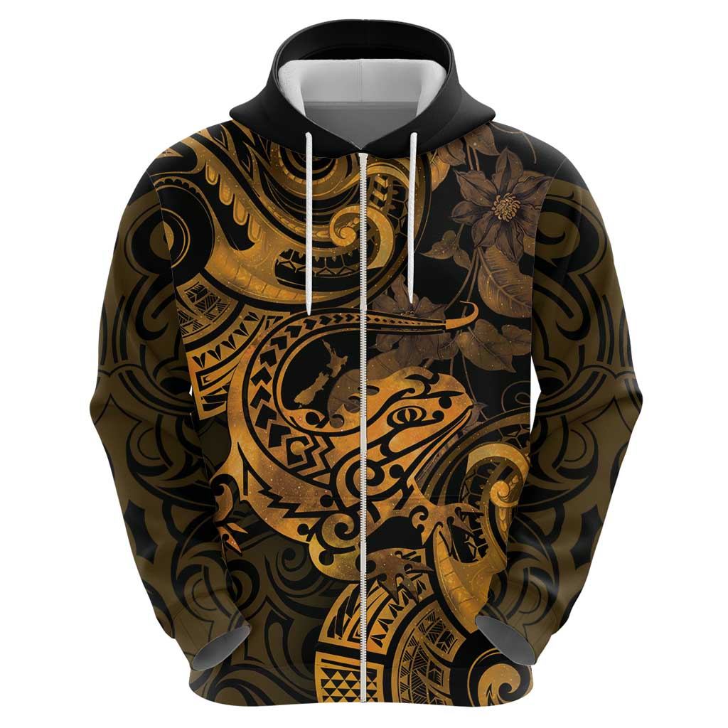 New Zealand Tuatara Zip Hoodie Aotearoa Maori Clematis Flowers - Gold