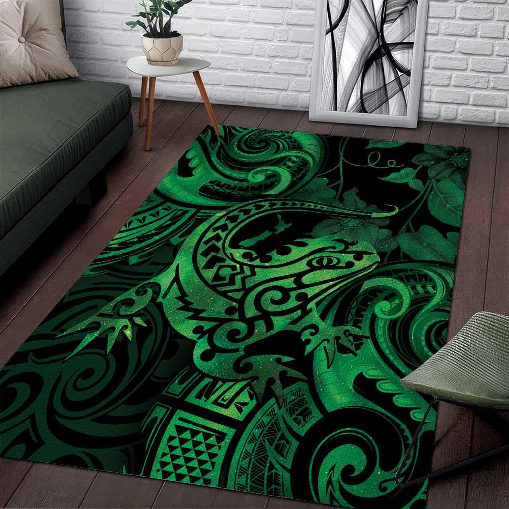 New Zealand Tuatara Area Rug Aotearoa Maori Clematis Flowers - Green