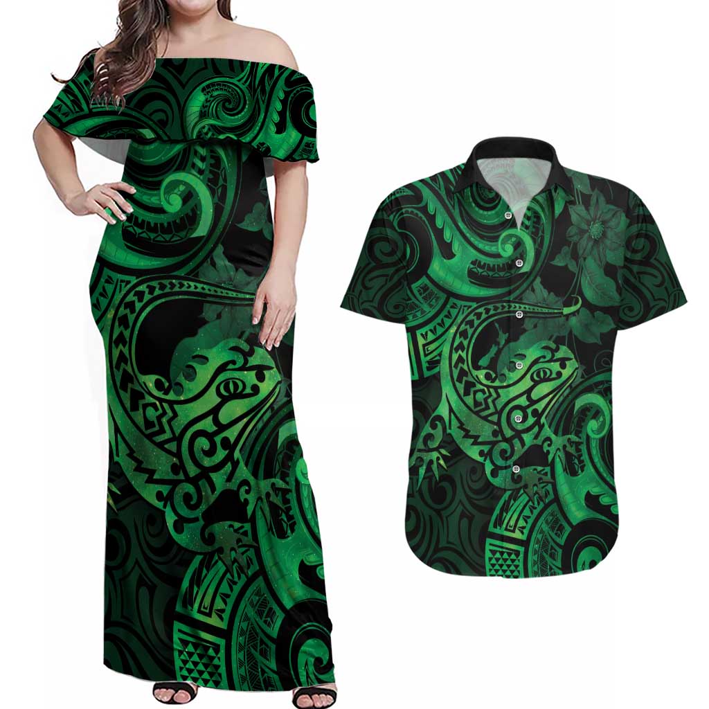 New Zealand Tuatara Couples Matching Off Shoulder Maxi Dress and Hawaiian Shirt Aotearoa Maori Clematis Flowers - Green LT14 Green - Polynesian Pride