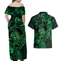 New Zealand Tuatara Couples Matching Off Shoulder Maxi Dress and Hawaiian Shirt Aotearoa Maori Clematis Flowers - Green LT14 - Polynesian Pride