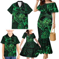 New Zealand Tuatara Family Matching Mermaid Dress and Hawaiian Shirt Aotearoa Maori Clematis Flowers - Green LT14 - Polynesian Pride
