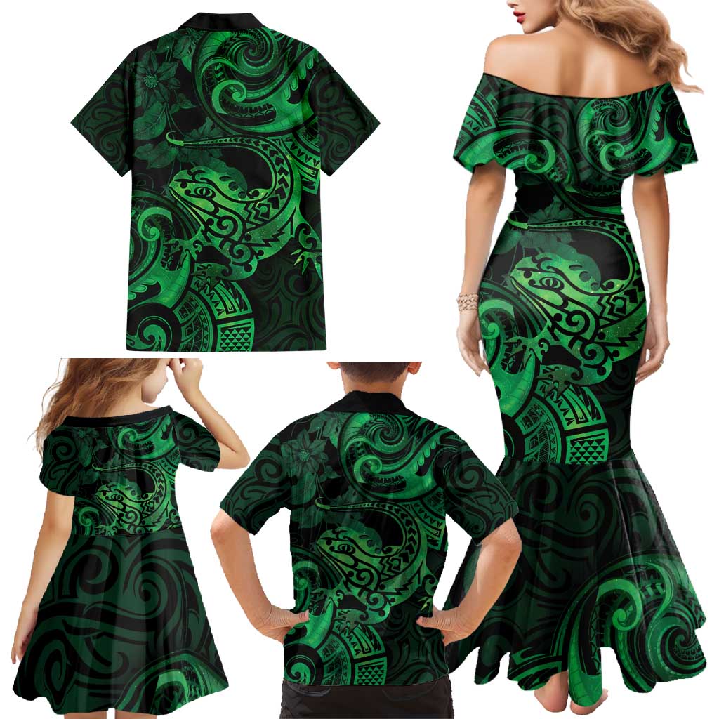 New Zealand Tuatara Family Matching Mermaid Dress and Hawaiian Shirt Aotearoa Maori Clematis Flowers - Green LT14 - Polynesian Pride