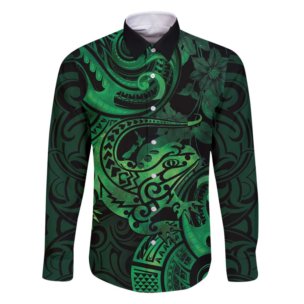 New Zealand Tuatara Family Matching Mermaid Dress and Hawaiian Shirt Aotearoa Maori Clematis Flowers - Green LT14 Dad's Shirt - Long Sleeve Green - Polynesian Pride