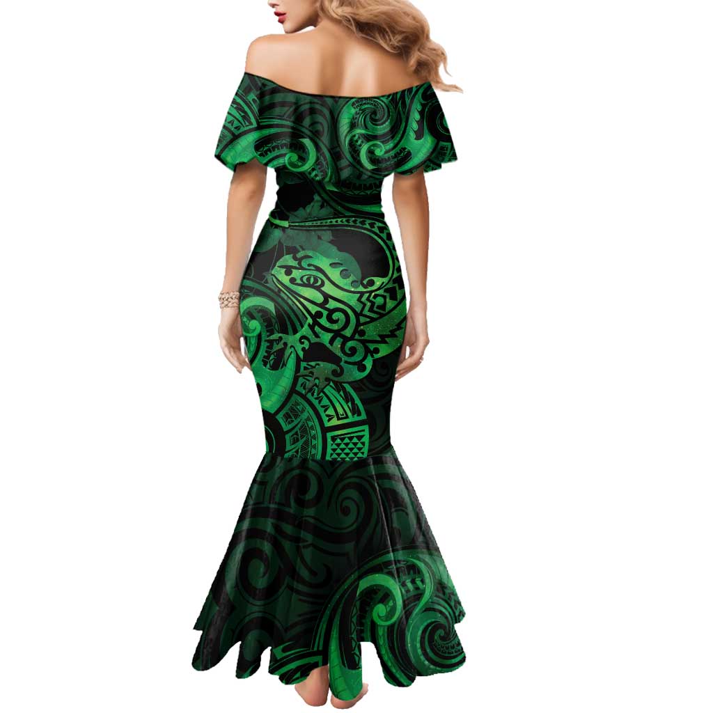 New Zealand Tuatara Family Matching Mermaid Dress and Hawaiian Shirt Aotearoa Maori Clematis Flowers - Green LT14 - Polynesian Pride