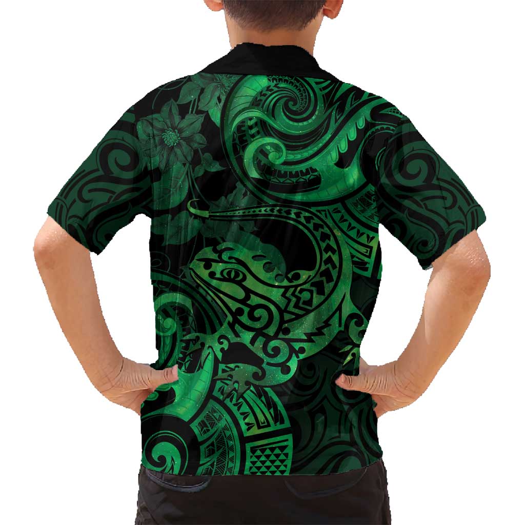 New Zealand Tuatara Family Matching Off Shoulder Maxi Dress and Hawaiian Shirt Aotearoa Maori Clematis Flowers - Green LT14 - Polynesian Pride