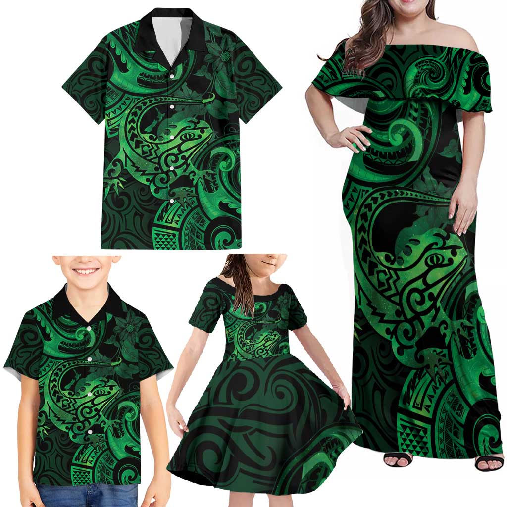 New Zealand Tuatara Family Matching Off Shoulder Maxi Dress and Hawaiian Shirt Aotearoa Maori Clematis Flowers - Green LT14 - Polynesian Pride