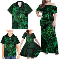 New Zealand Tuatara Family Matching Off Shoulder Maxi Dress and Hawaiian Shirt Aotearoa Maori Clematis Flowers - Green LT14 - Polynesian Pride