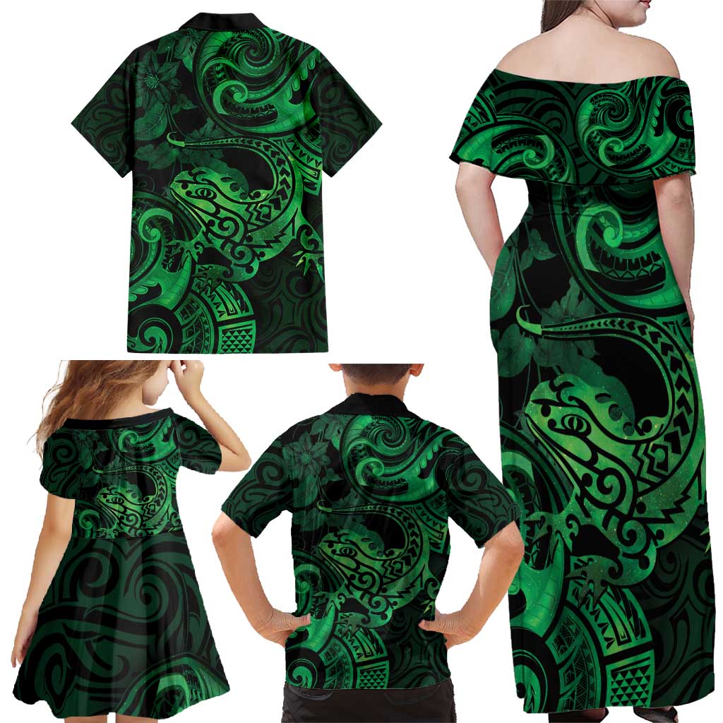 New Zealand Tuatara Family Matching Off Shoulder Maxi Dress and Hawaiian Shirt Aotearoa Maori Clematis Flowers - Green LT14 - Polynesian Pride