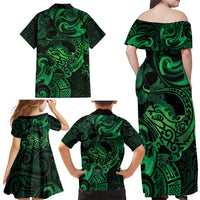 New Zealand Tuatara Family Matching Off Shoulder Maxi Dress and Hawaiian Shirt Aotearoa Maori Clematis Flowers - Green LT14 - Polynesian Pride