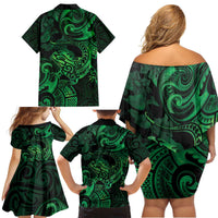 New Zealand Tuatara Family Matching Off Shoulder Short Dress and Hawaiian Shirt Aotearoa Maori Clematis Flowers - Green LT14 - Polynesian Pride