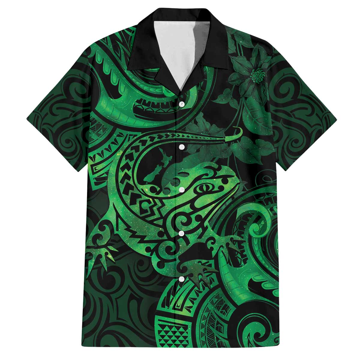 New Zealand Tuatara Family Matching Off Shoulder Short Dress and Hawaiian Shirt Aotearoa Maori Clematis Flowers - Green LT14 Dad's Shirt - Short Sleeve Green - Polynesian Pride