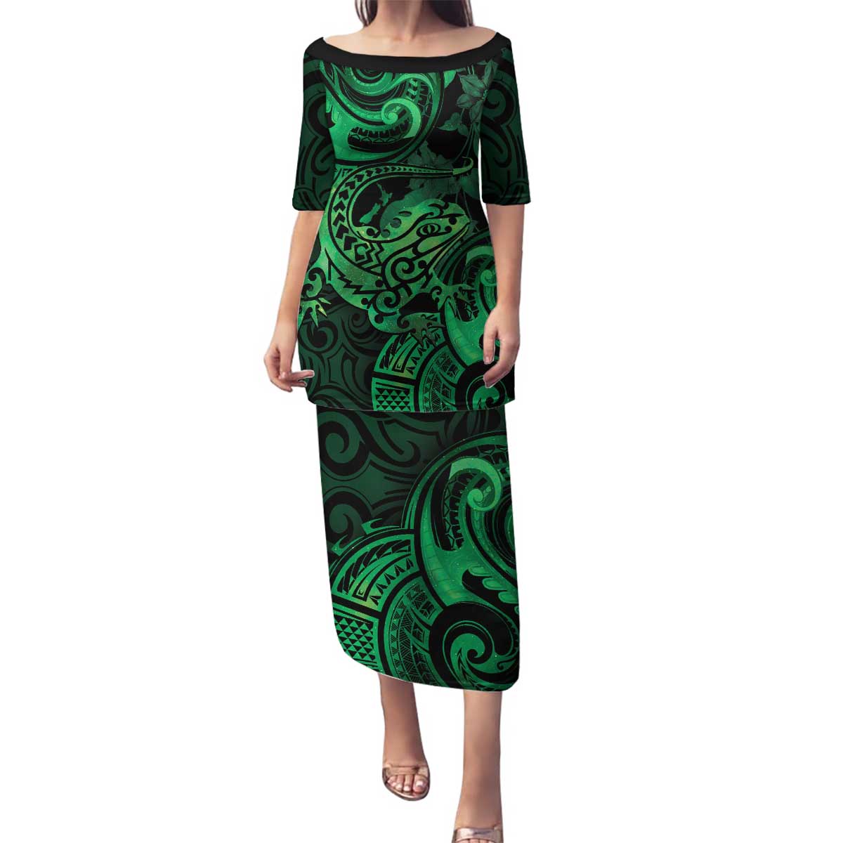 New Zealand Tuatara Family Matching Puletasi and Hawaiian Shirt Aotearoa Maori Clematis Flowers - Green LT14 Mom's Dress Green - Polynesian Pride