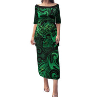 New Zealand Tuatara Family Matching Puletasi and Hawaiian Shirt Aotearoa Maori Clematis Flowers - Green LT14 Mom's Dress Green - Polynesian Pride