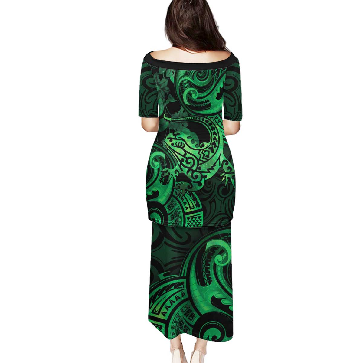 New Zealand Tuatara Family Matching Puletasi and Hawaiian Shirt Aotearoa Maori Clematis Flowers - Green LT14 - Polynesian Pride