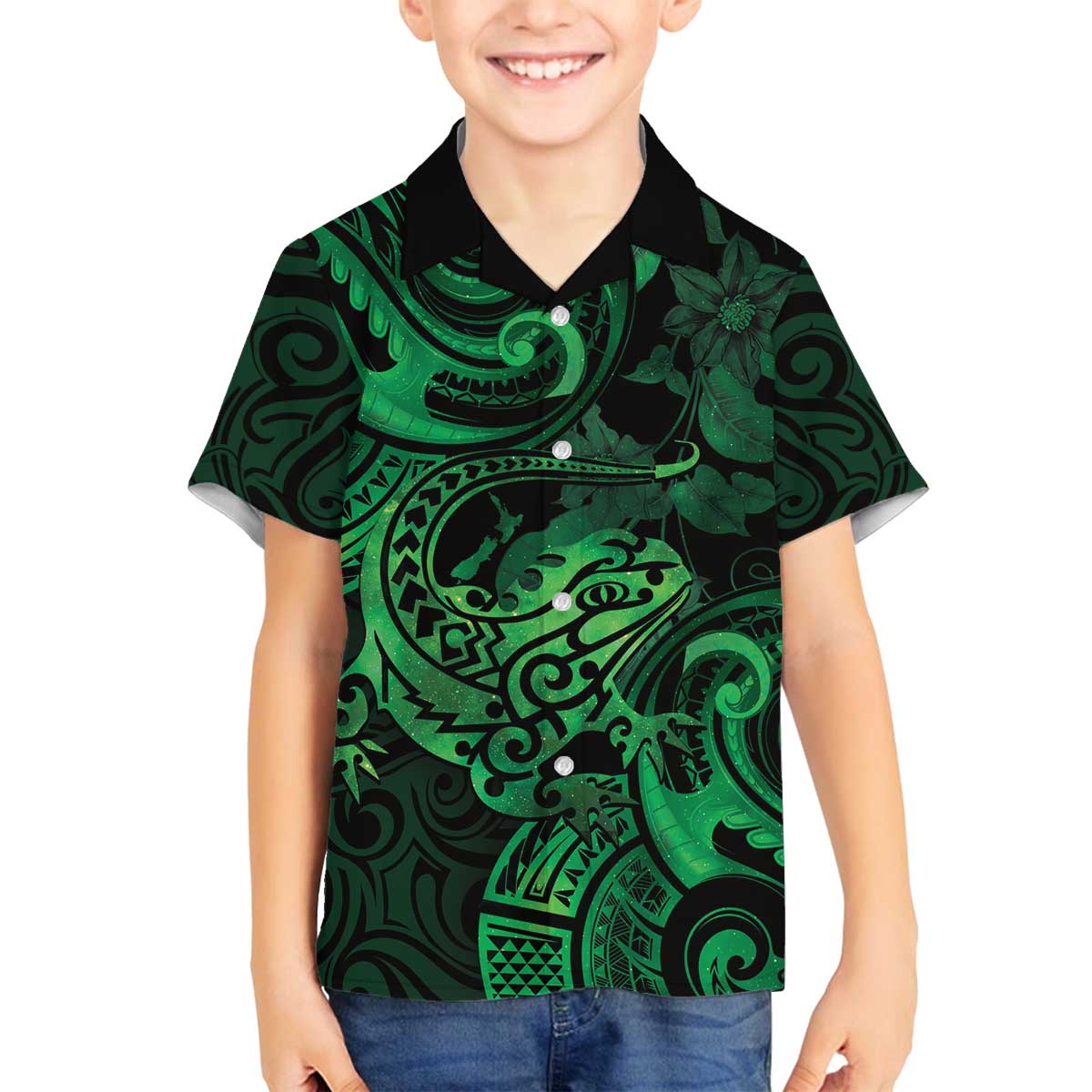 New Zealand Tuatara Family Matching Puletasi and Hawaiian Shirt Aotearoa Maori Clematis Flowers - Green LT14 Son's Shirt Green - Polynesian Pride